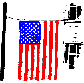 flag suspended over sidewalk