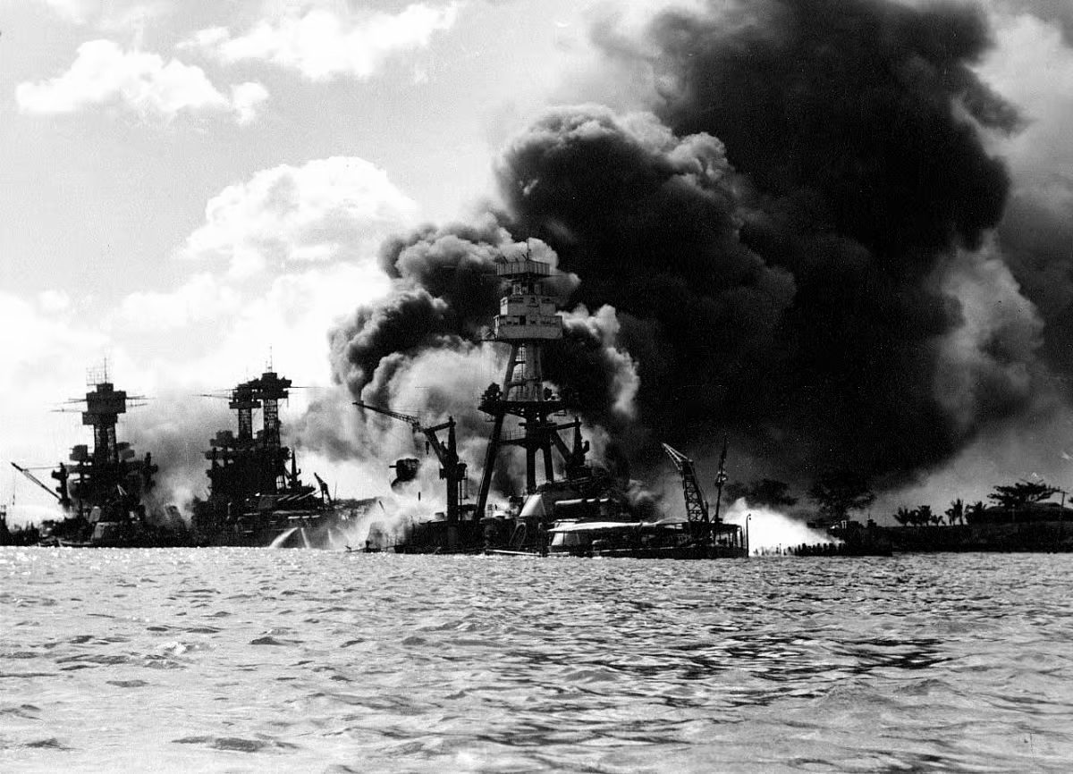 The battleship USS Arizona burns after the Japanese attack on Pearl Harbor, December 7, 1941