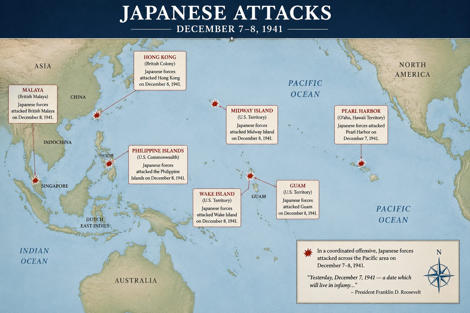 Japan's attacks on December 7–8, 1941 extended far beyond Pearl Harbor