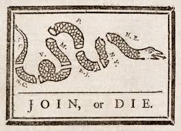cartoon depicting colonies as pieces of a snake with the caption "Jopin or die"