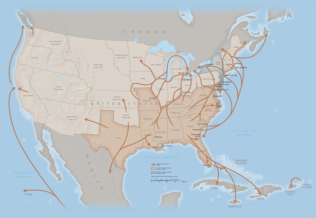 A United States map showing the differing routes that freedom seekers would take to reach