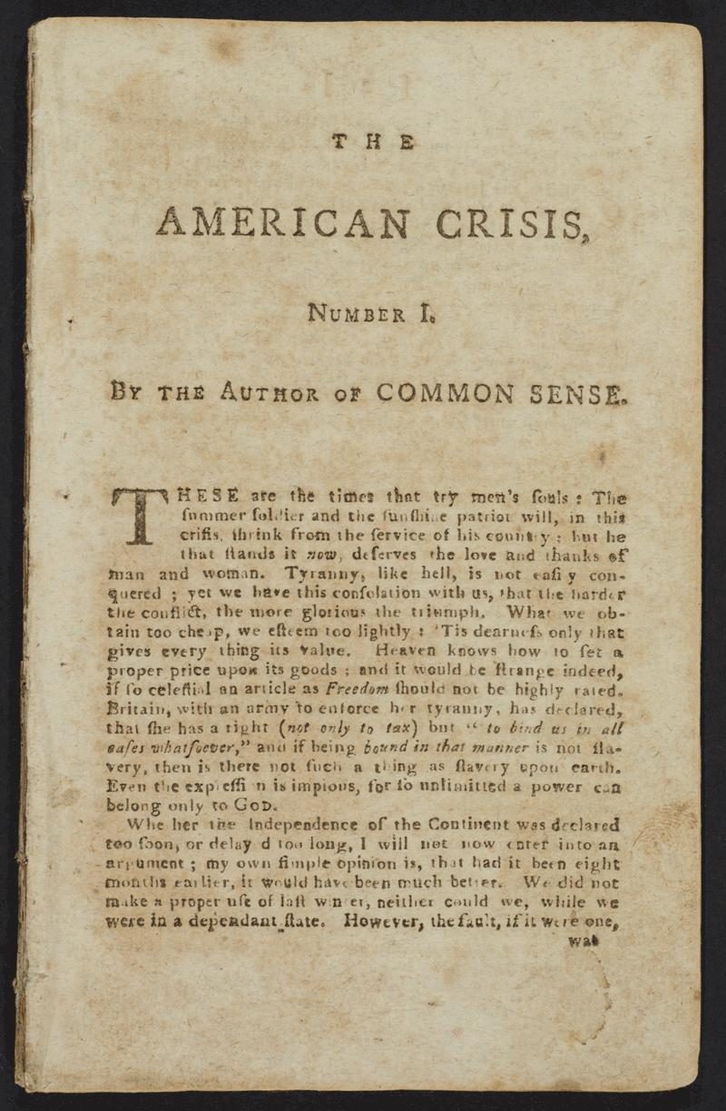 Title page of the first edition of The American Crisis (1776), written by Thomas Paine during the Continental