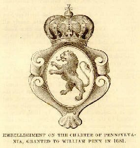 image: lion sigil. Text: 'embellishment of the Charter of Pennsylvania chartered to William Penn'
