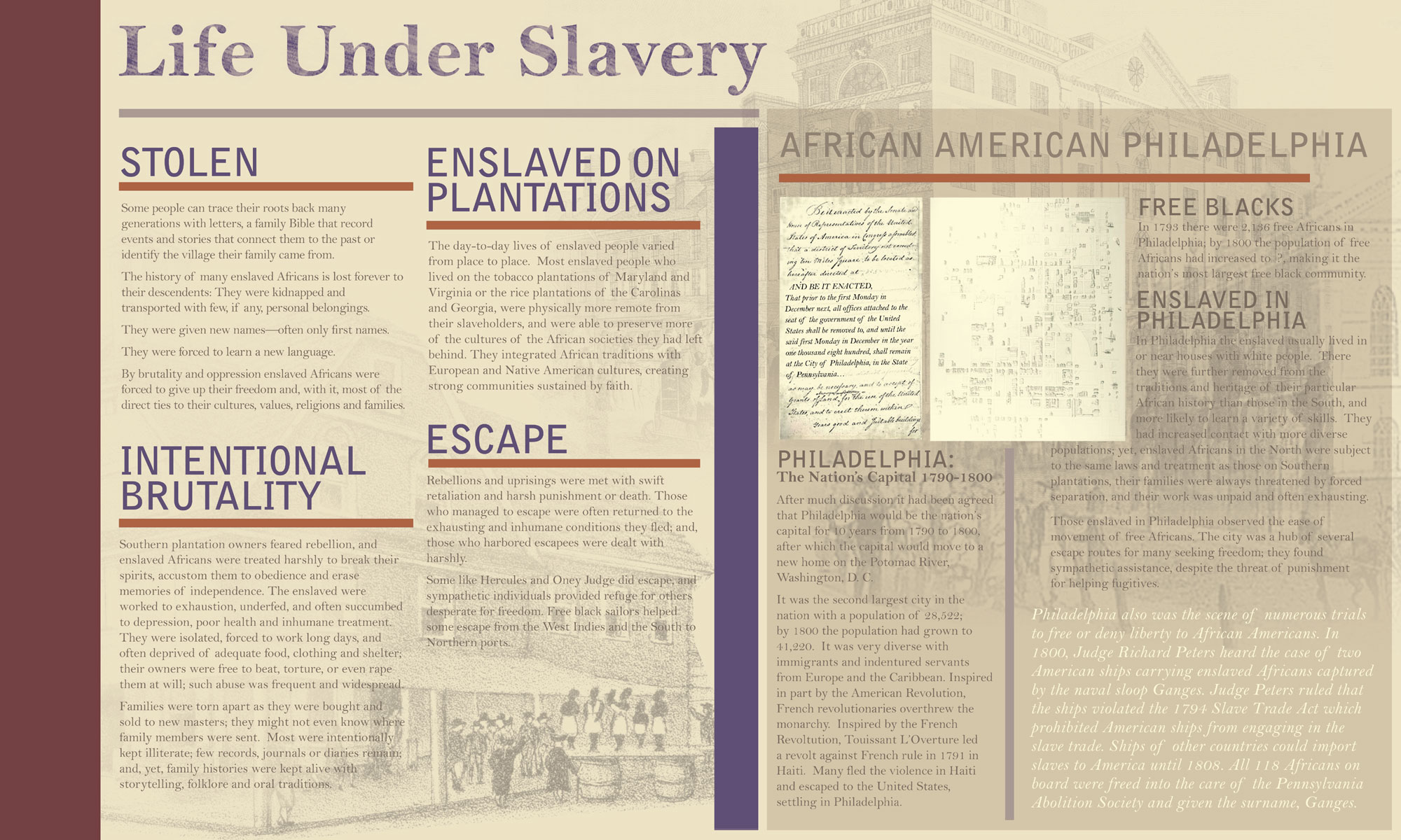High res photograph of 7th panel in the exhibit: The President's House: Freedom and Slavery in the Making of a New Nation