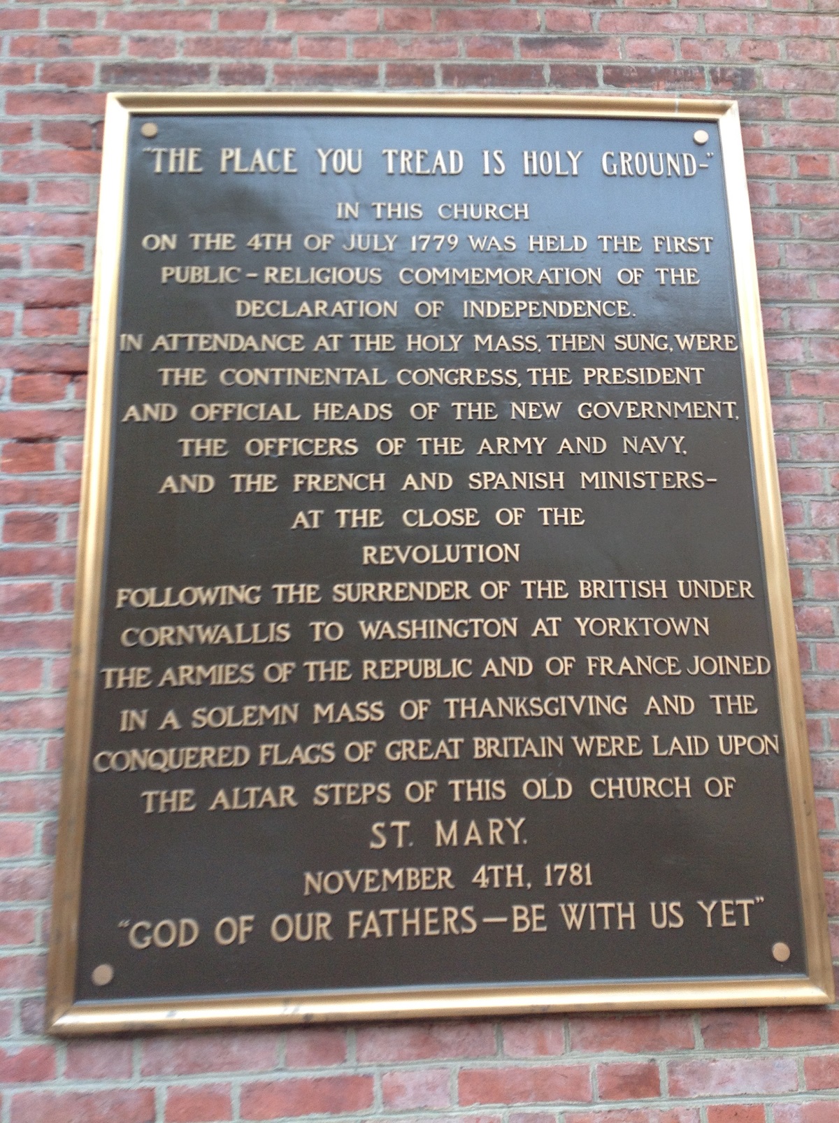 Historical marker at St. Mary's indicating that this was the site of the first public religious commemoration of the Declaration of Independence