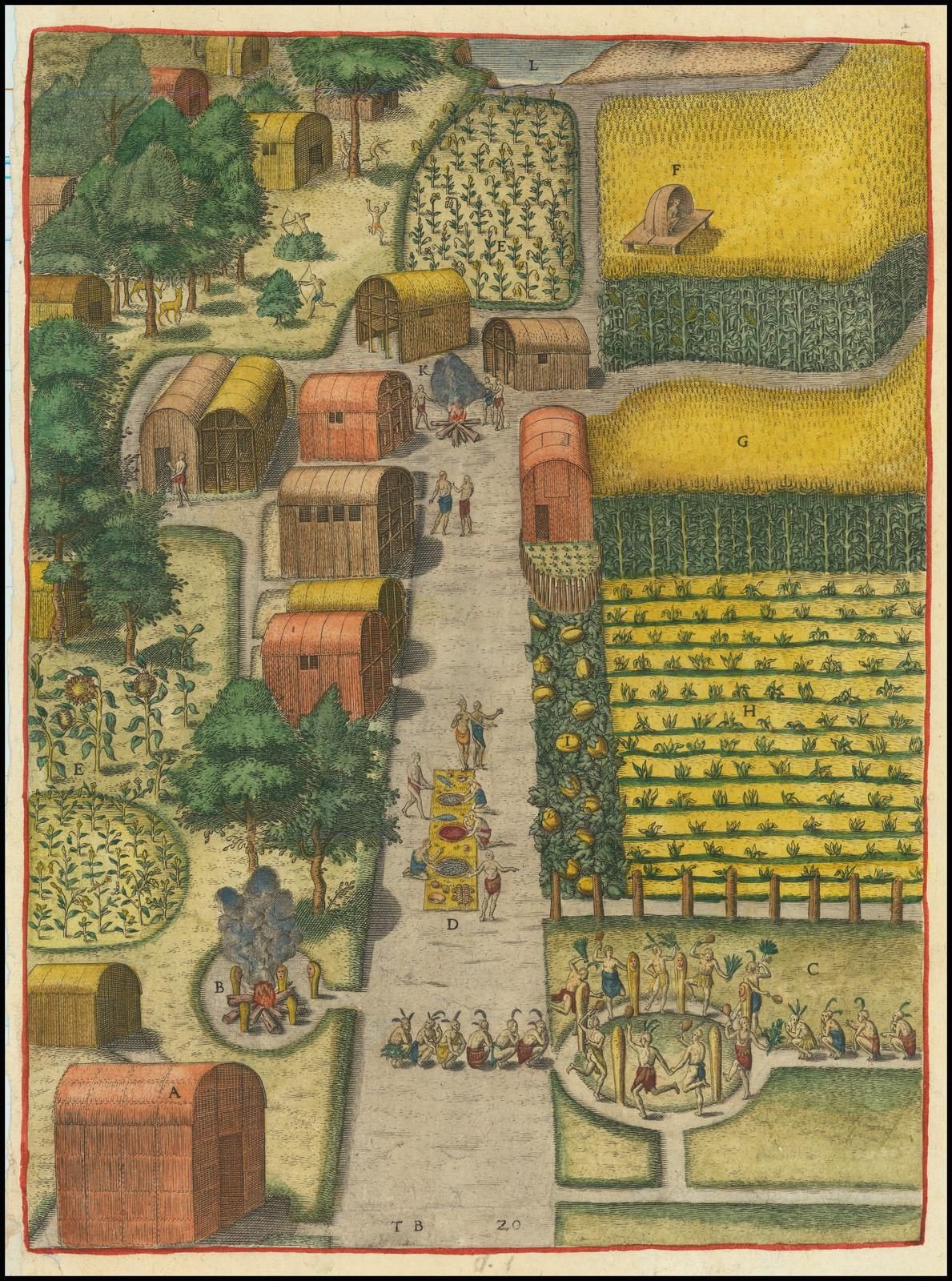 The engraving depicts an Algonquian village on the Pamlico River estuary, with homes, cultivated fields and a