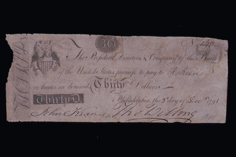 Thirty-dollar note issued by the Bank of the United States in Philadelphia, December 30, 1791