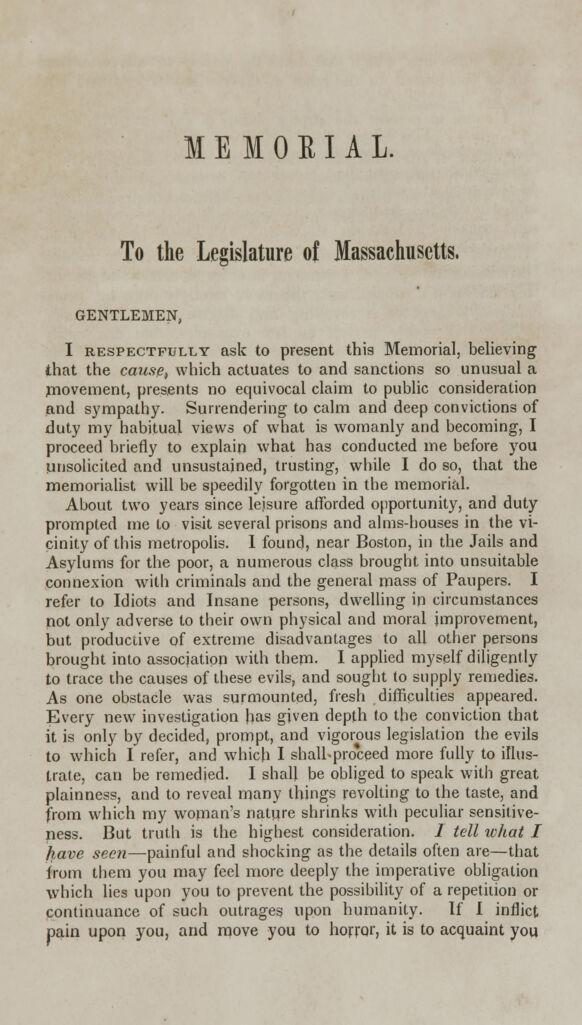 The title page of Dorothea Dix's 1843 Memorial to the Legislature of Massachusetts