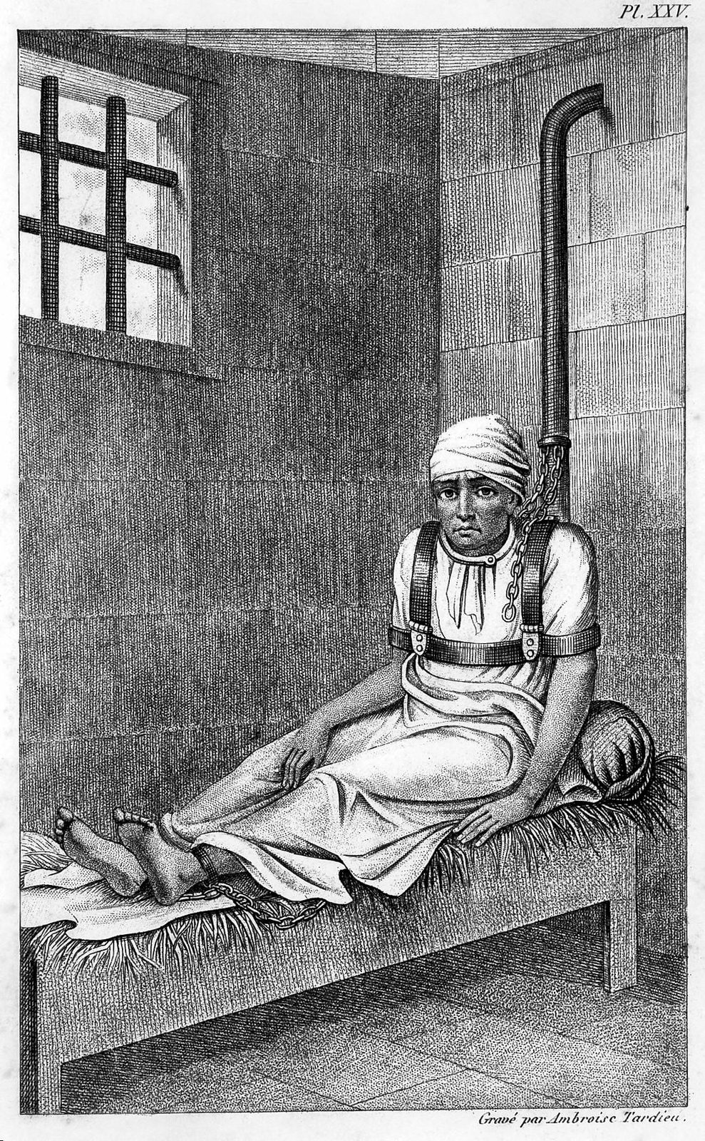 A patient restrained at London's Bethlem Hospital ("Bedlam"), 1838