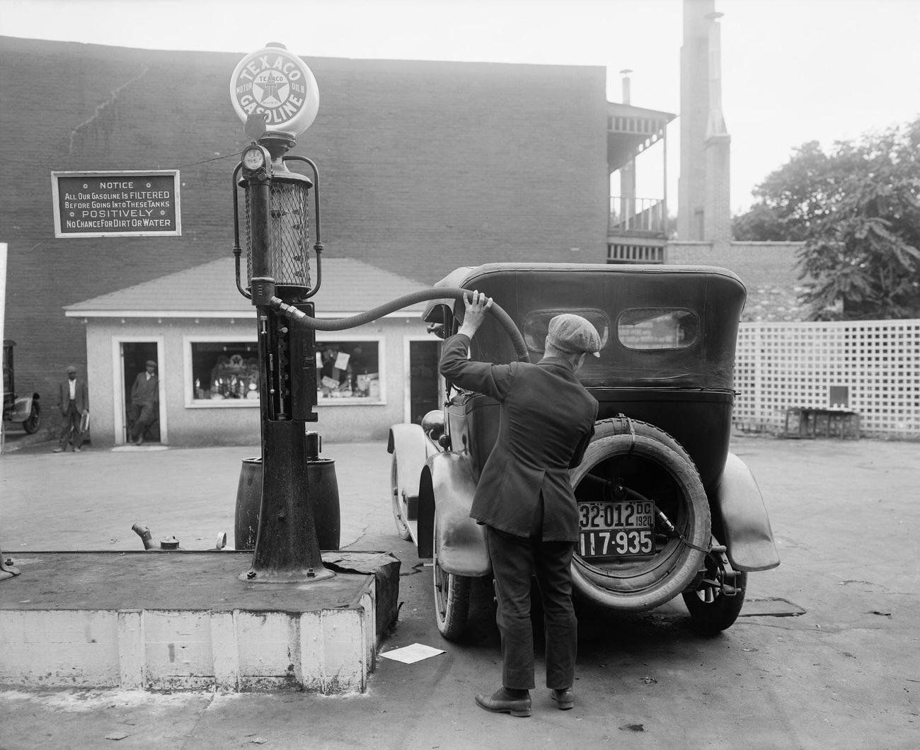 By the late 1920s, service stations like this Texaco pump had become fixtures in towns and along highways acro