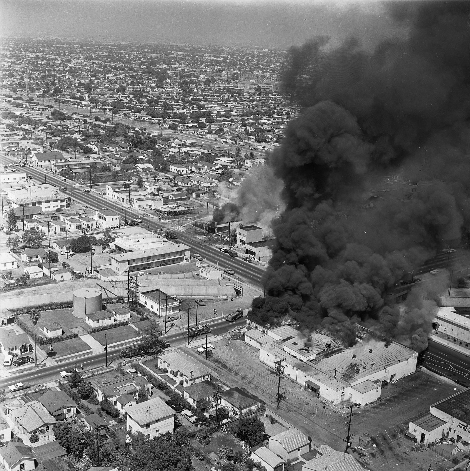 Watts Riots buildings on fire on Avalon Blvd