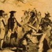 Engraving of a treaty meeting between colonists and Native Americans
